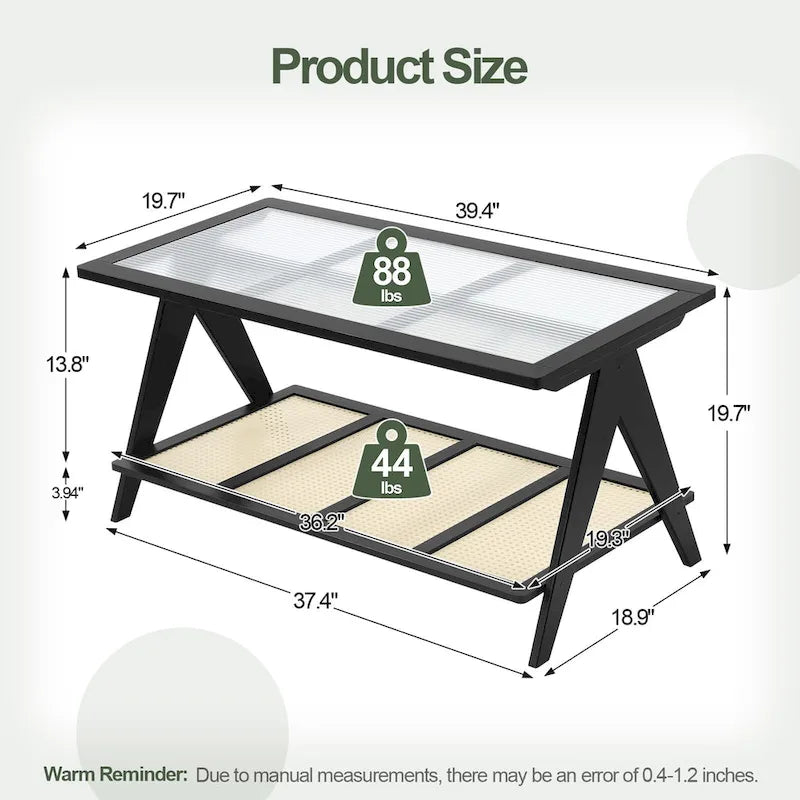 Table basse rectangulaire à 2 niveaux, plateau en verre, idéale pour un canapé - 39,4 cm (L) x 19,7 cm (l) x 19,7 cm (P)