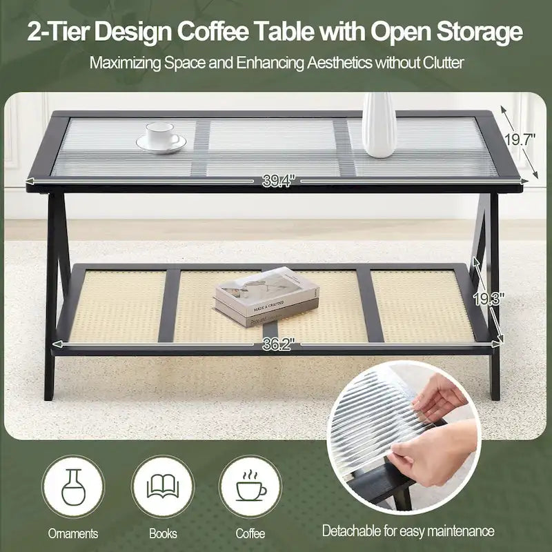 Table basse rectangulaire à 2 niveaux, plateau en verre, idéale pour un canapé - 39,4 cm (L) x 19,7 cm (l) x 19,7 cm (P)