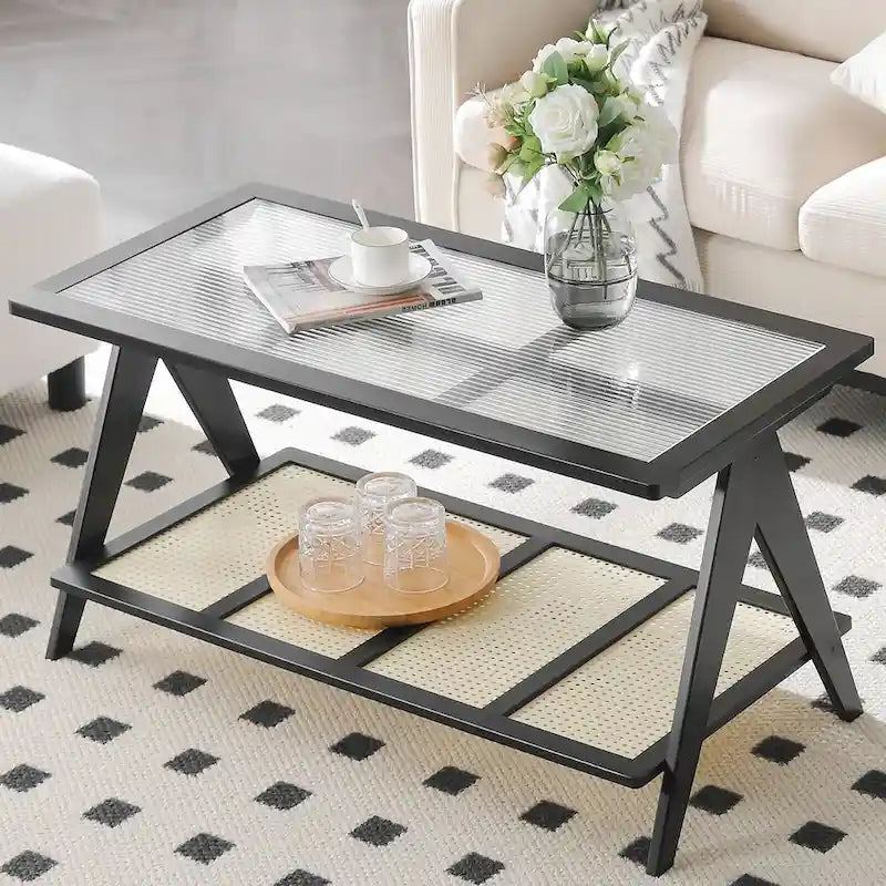 Table basse rectangulaire à 2 niveaux, plateau en verre, idéale pour un canapé - 39,4 cm (L) x 19,7 cm (l) x 19,7 cm (P)