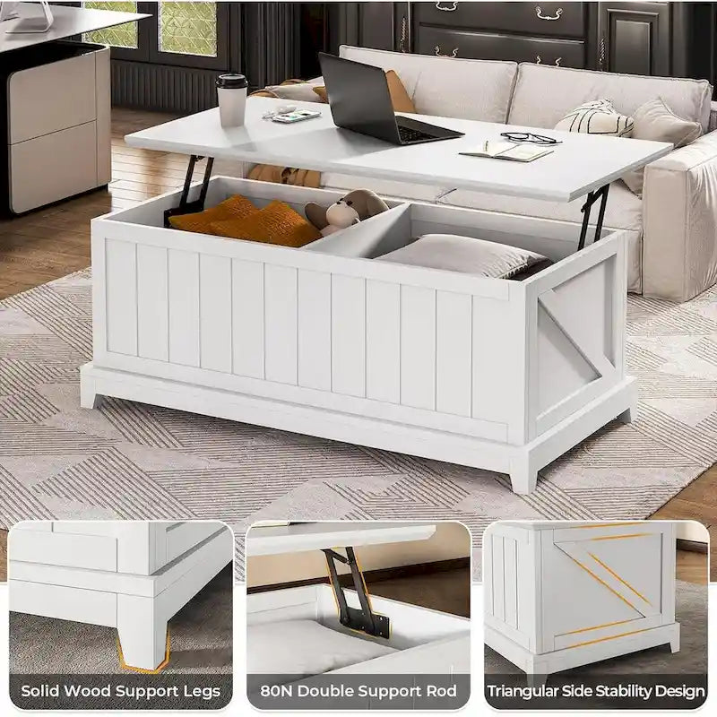Table basse relevable de 122 cm (48 po) avec rangement intégré, style ferme