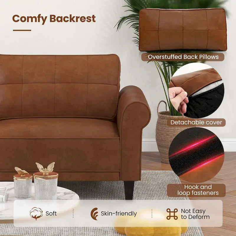 Canapé moderne 3 places en similicuir avec 2 coussins de dossier et pieds en bois