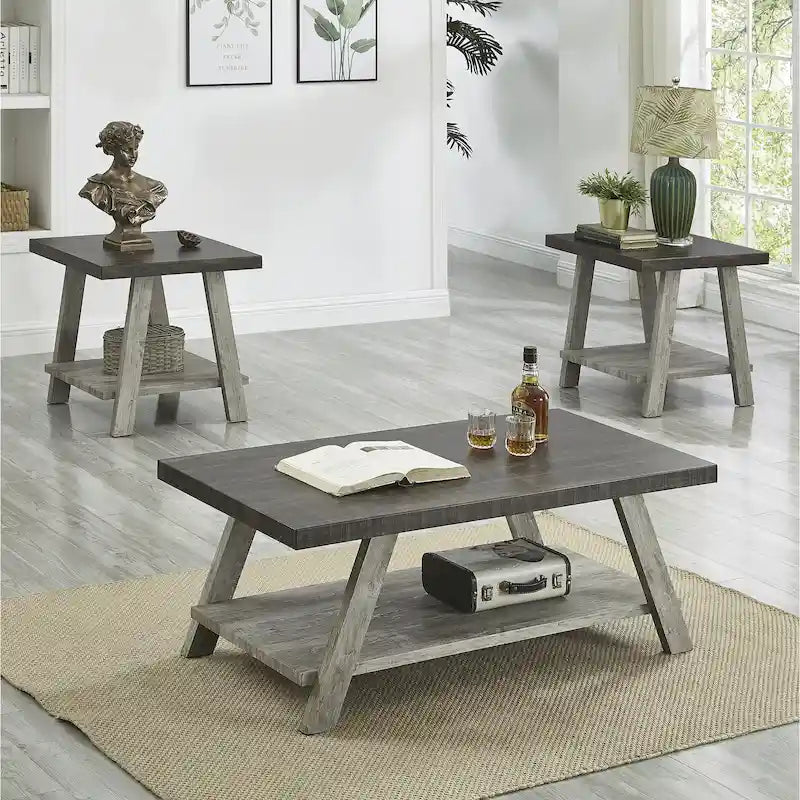 Ensemble table basse contemporaine en bois 3 pièces avec étagère