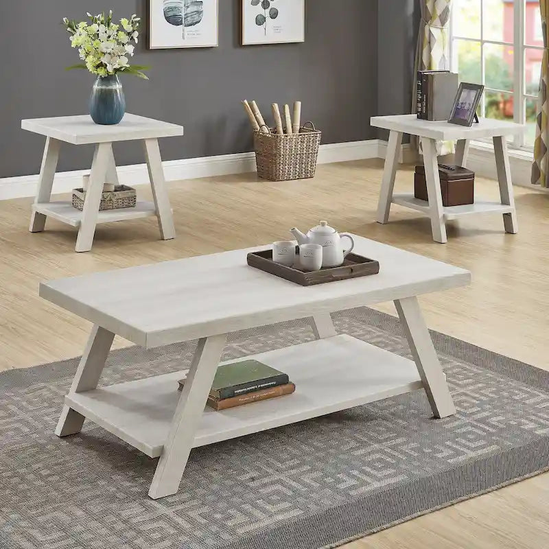 Ensemble table basse contemporaine en bois 3 pièces avec étagère