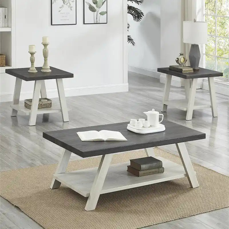 Contemporary 3-Piece Wood Shelf Coffee Table Set