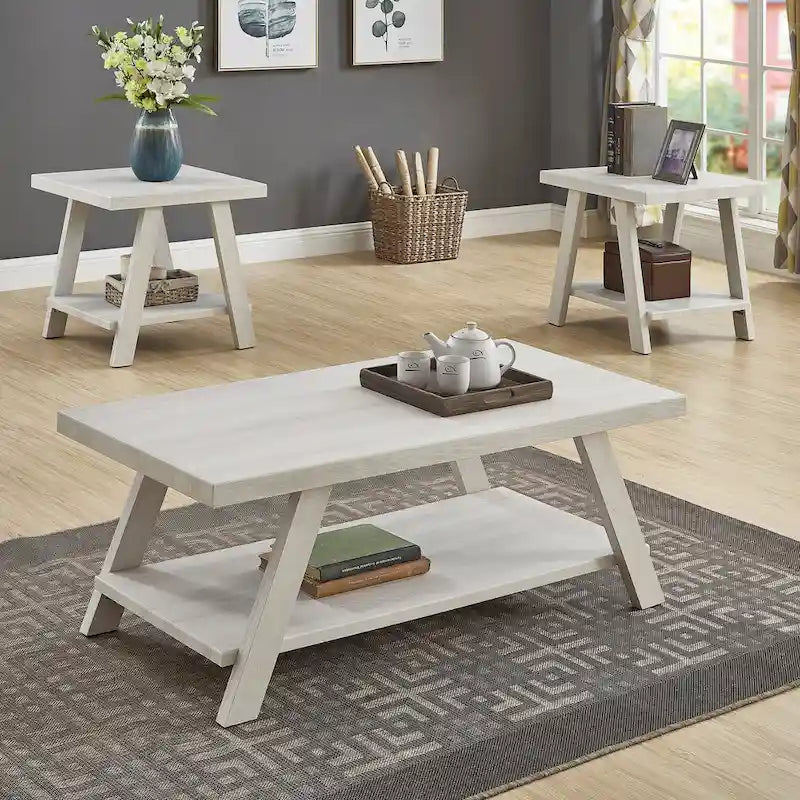 Ensemble table basse contemporaine en bois 3 pièces avec étagère