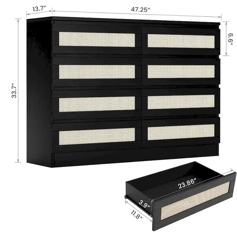 Commode double en rotin à 8 tiroirs pour chambre à coucher