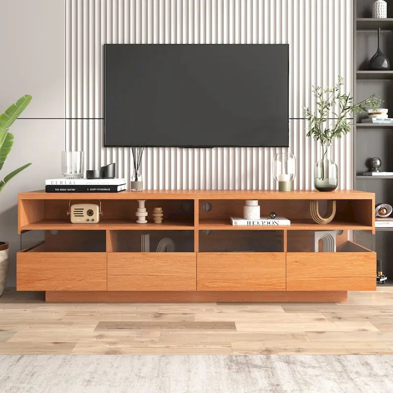 Meuble TV moderne en bois avec 4 tiroirs et 2 placards ouverts, compatible avec les téléviseurs jusqu'à 75 pouces.